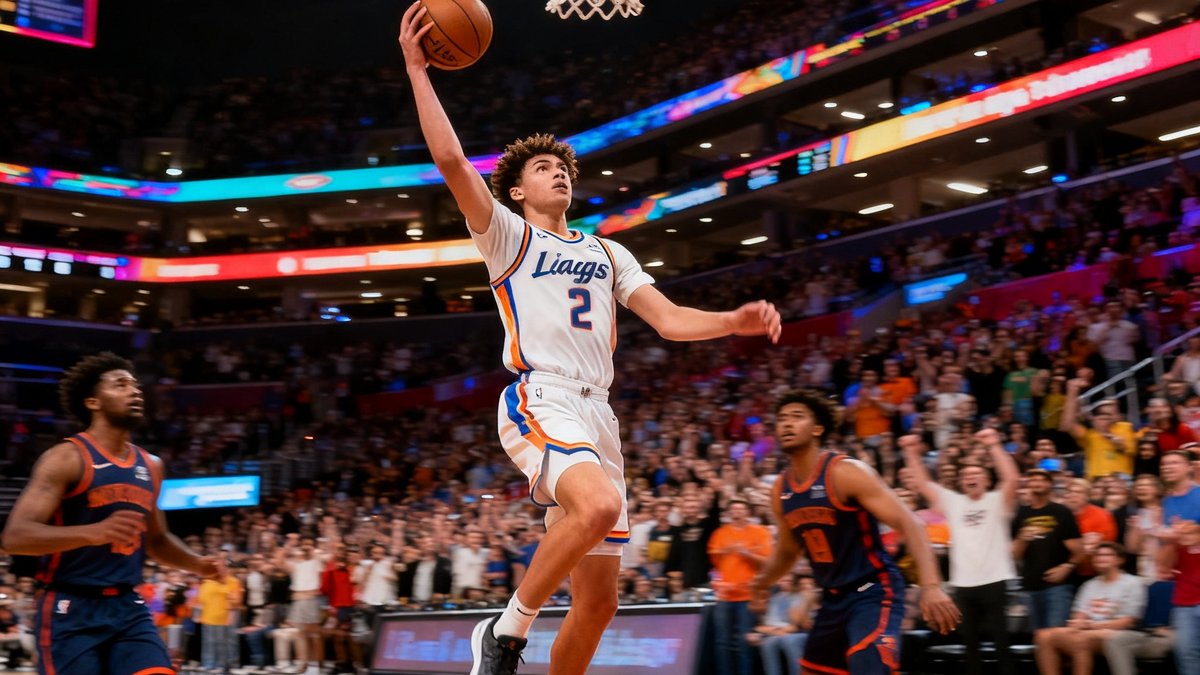 NBA夏季联赛赛场，一名年轻新秀球员持球突破防守，高高跃起准备扣篮，背景是拉斯维加斯球馆明亮的灯光和激动的人群