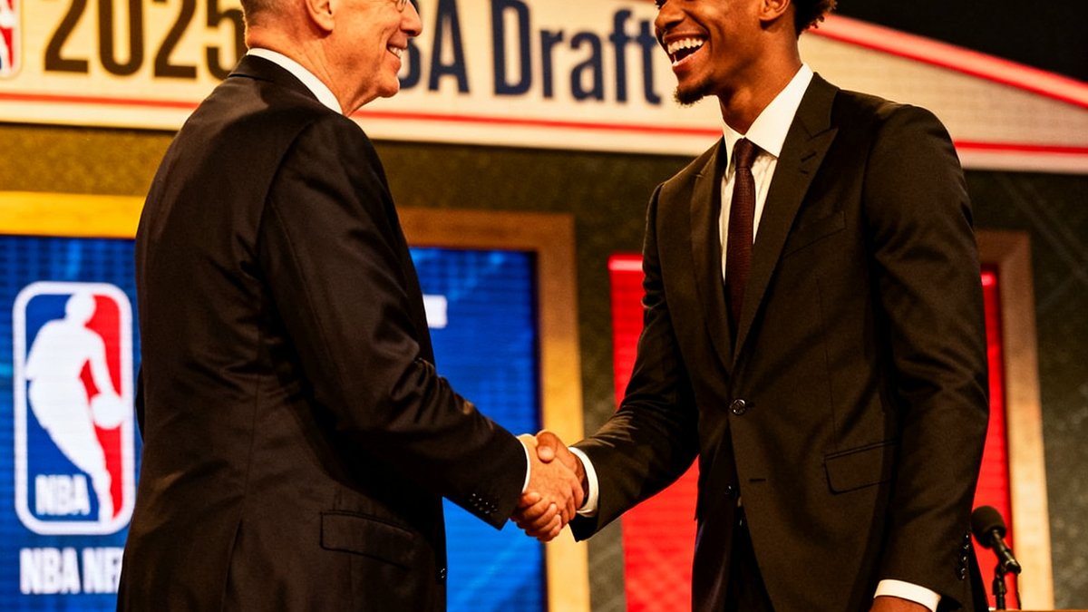 2025年NBA选秀大会现场，新秀球员与NBA总裁握手合影，头戴选中球队的帽子，脸上洋溢着激动与自豪的笑容